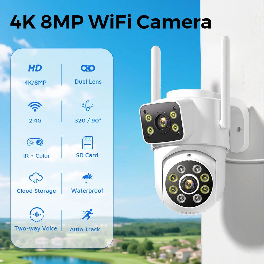 4K 8MP HD Wifi PTZ Camera Outdoor 4MP Dual Lens Dual Screen AI Auto Tracking Clear View Surveillance