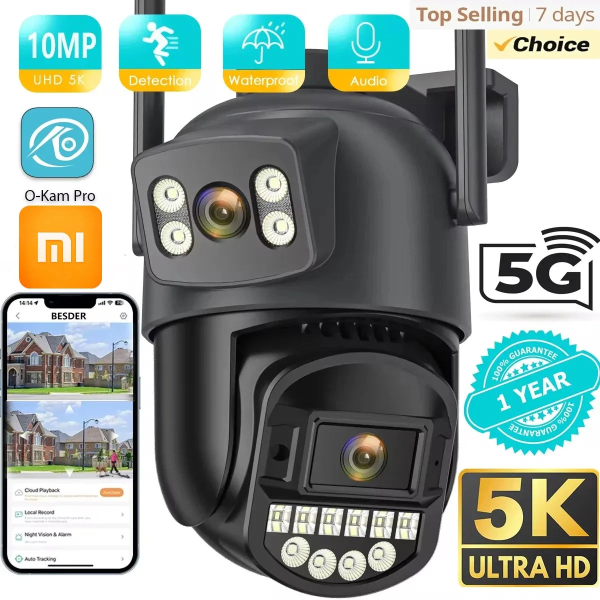 Xiaomi 10MP PTZ IP Camera 8MP 5K Outdoor Dual Lens Dual Screen 5G WIFI Cam. Clear View Surveillance